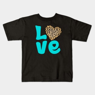 Cheetah Fur Pattern and Turquoise Hearts with Love Word Kids T-Shirt